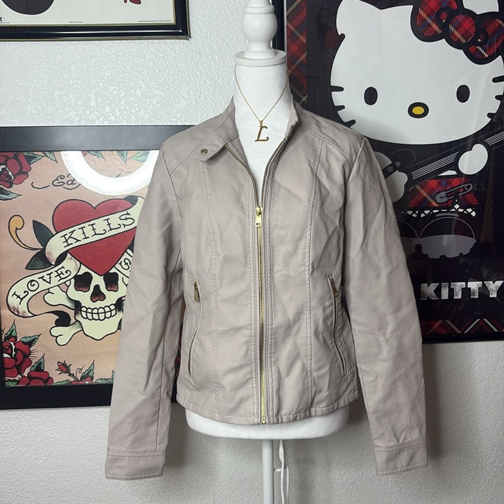 Baccini Beige Faux Leather Fitted Moto Jacket Zip Up Gold Hardware Indie Sleeze